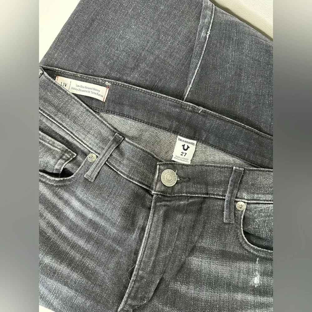 True Religion Women's Low Rise Relaxed Skinny Jeans with Rhinestones distressed